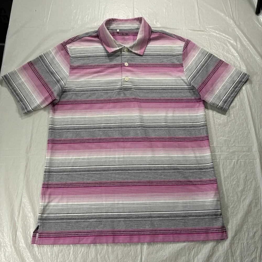 Adidas Climalite Golf Polo Shirt Men Small Pink Gray Stripes Short Sleeve